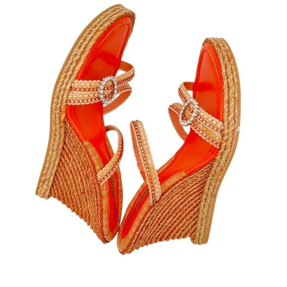 Costablanca Adelia Rhinestone Pearl Espadrille Wedge Heels Orange Size 10 Bling